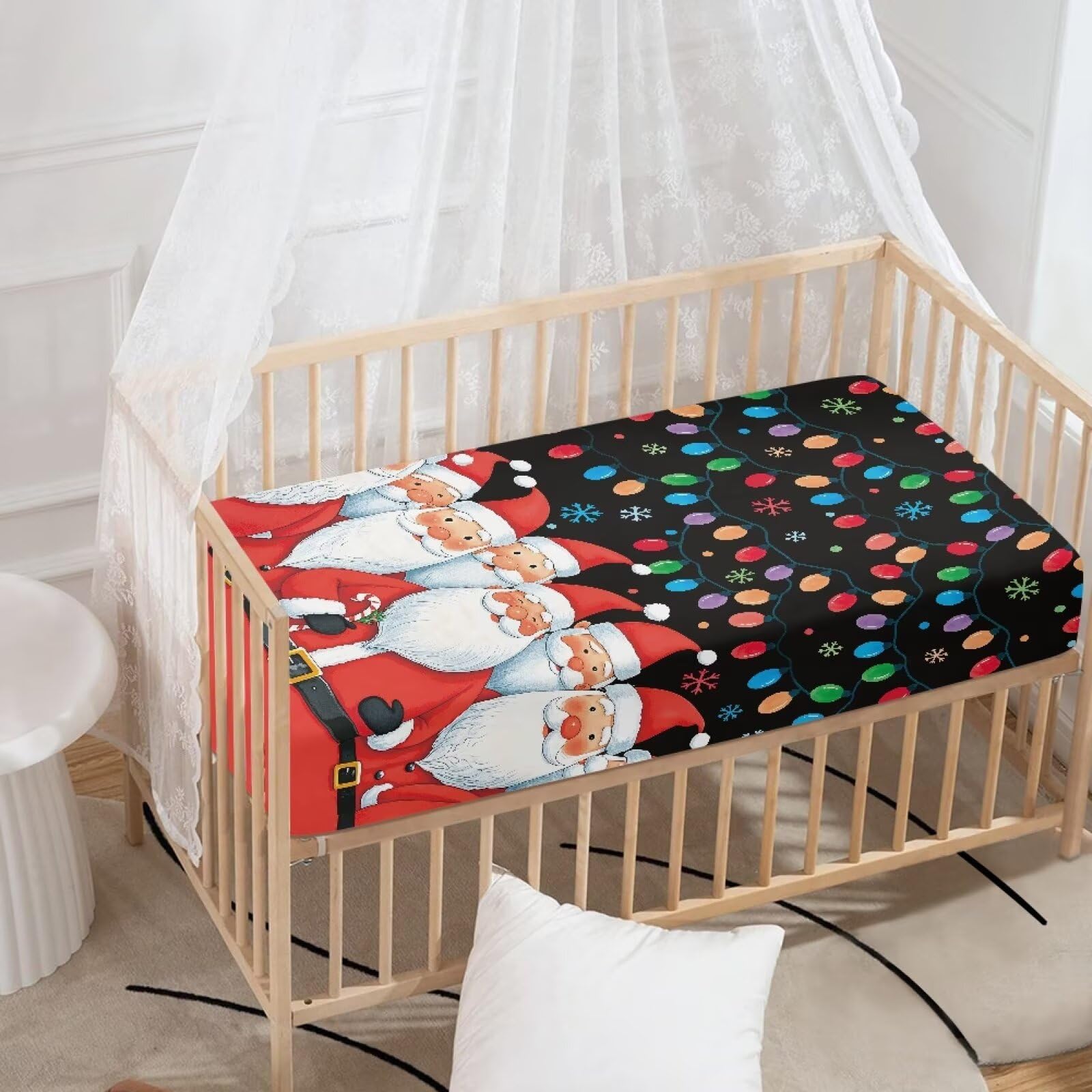 Guosanchn Christmas crib sheet demonstrates 28x52 fit for standard cribs.