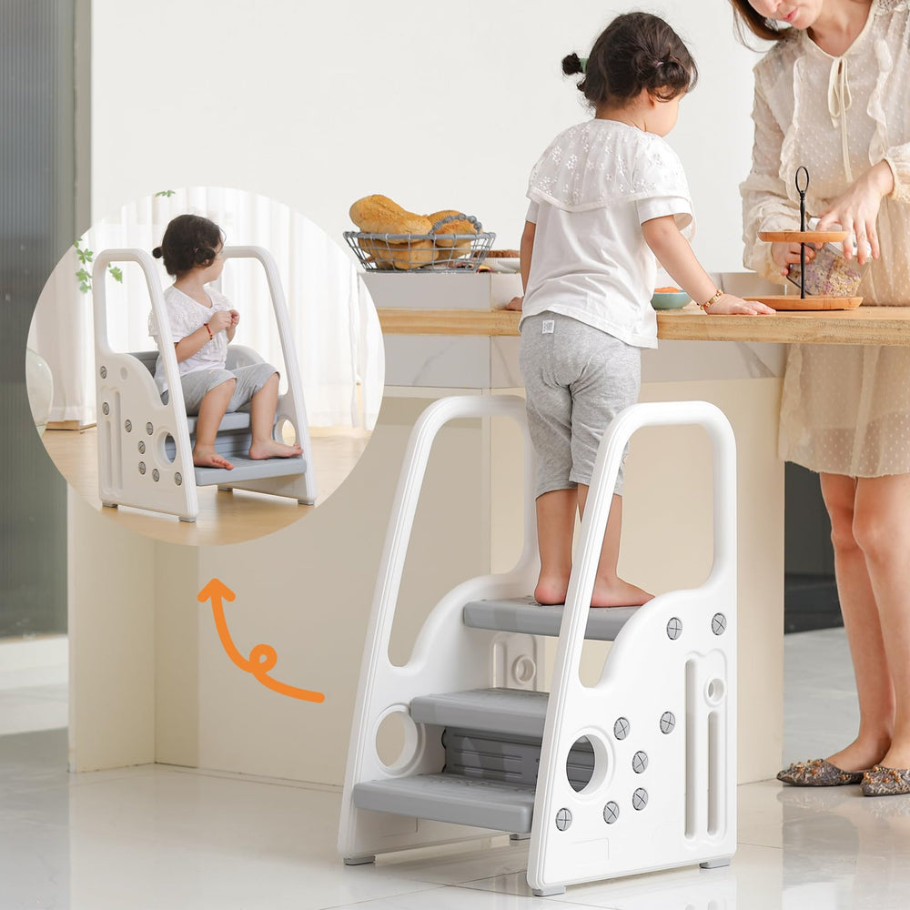 Gupamiga toddler step stool gray side view shows compact footprint.