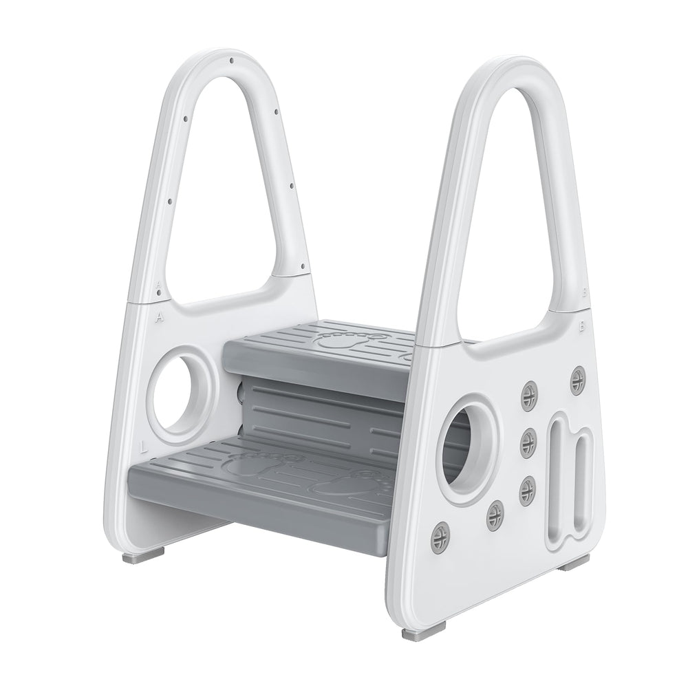 Gupamiga toddler step stool front view shows two-height access for safe sink use
