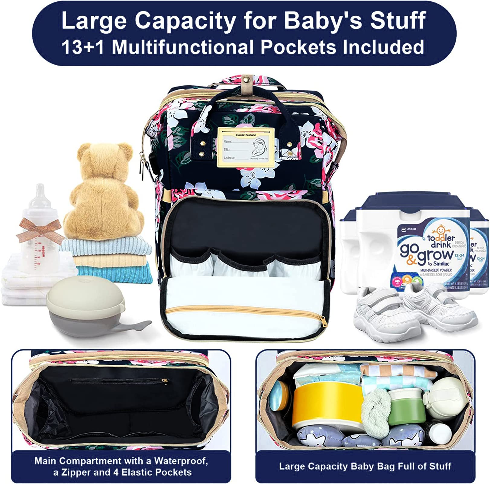 GurZinn diaper bag 14-pocket-organization highlights easy storage of baby items.