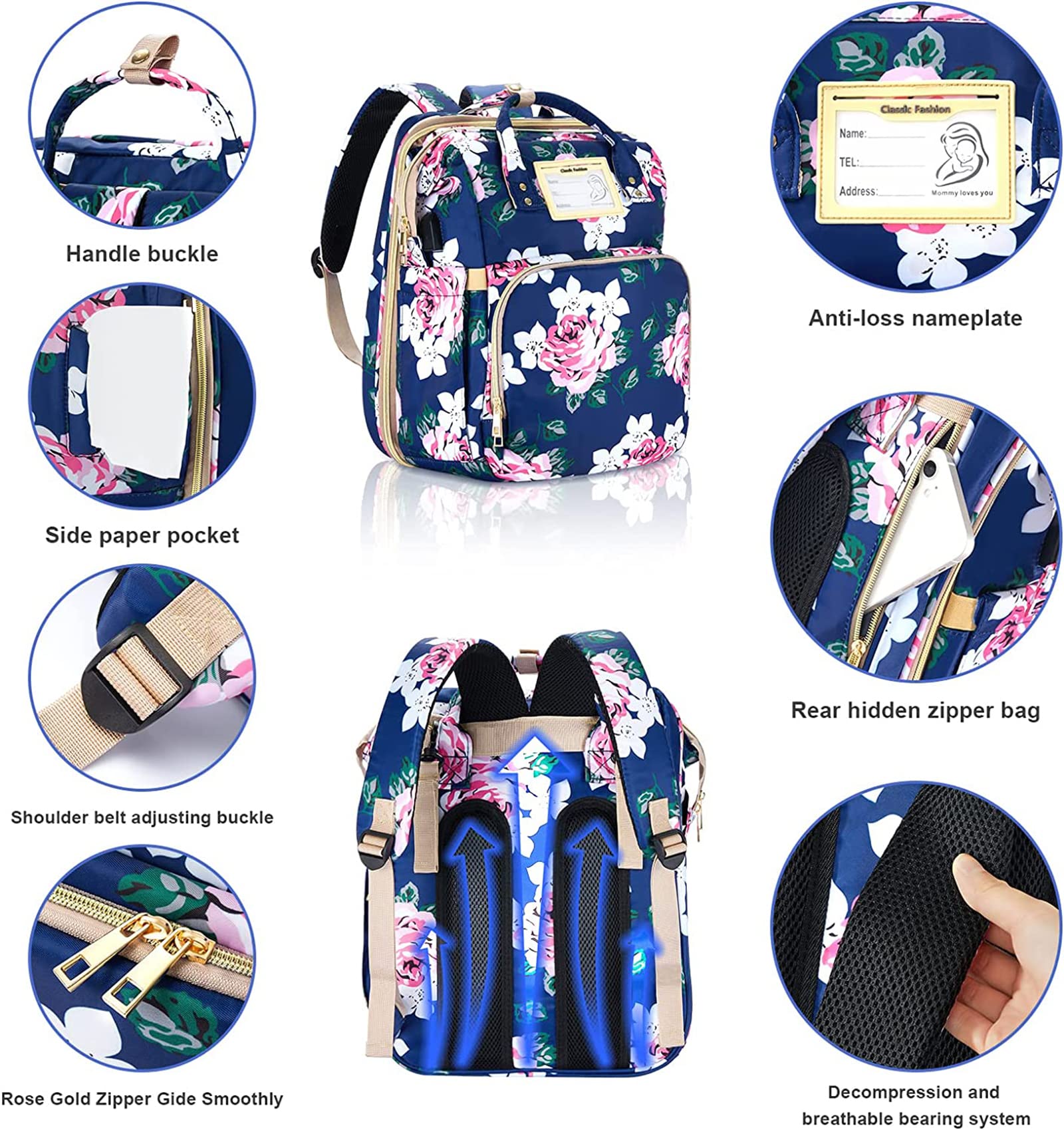 GurZinn diaper bag backpack 14-pocket-organization blue keeps essentials neatly accessible.