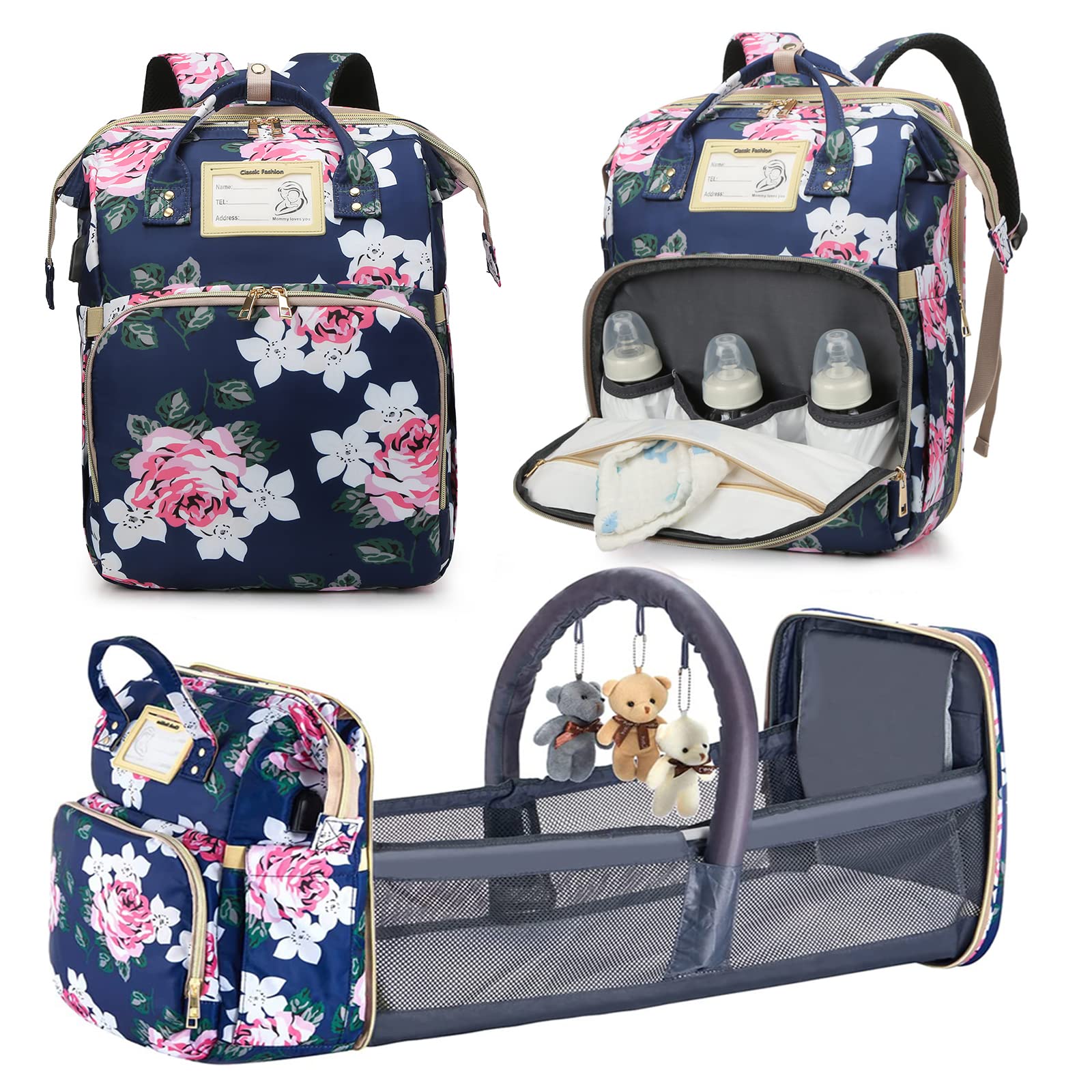 GurZinn diaper bag backpack changing-station foldable blue offers on-the-go diaper changes.
