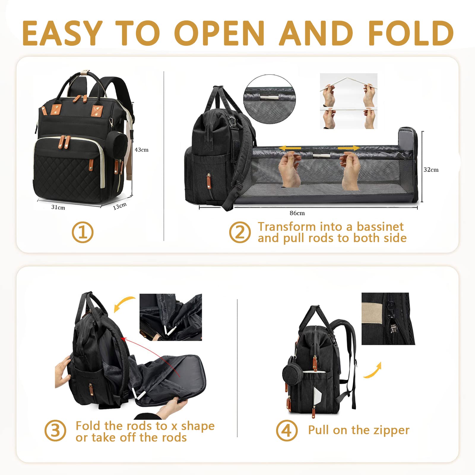 GurZinn diaper bag backpack showing organized pockets for essentials
