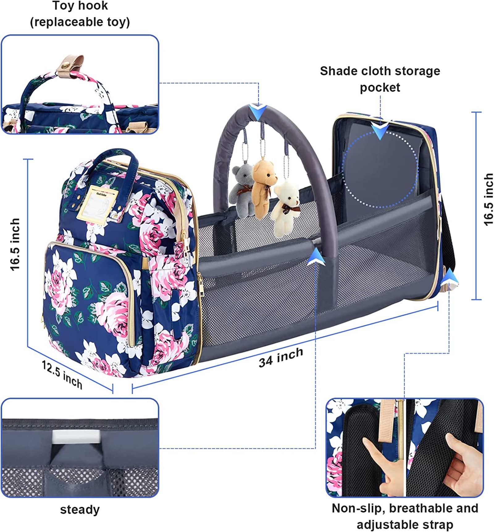 GurZinn diaper bag backpack usb-port blue recharges devices while you’re out.