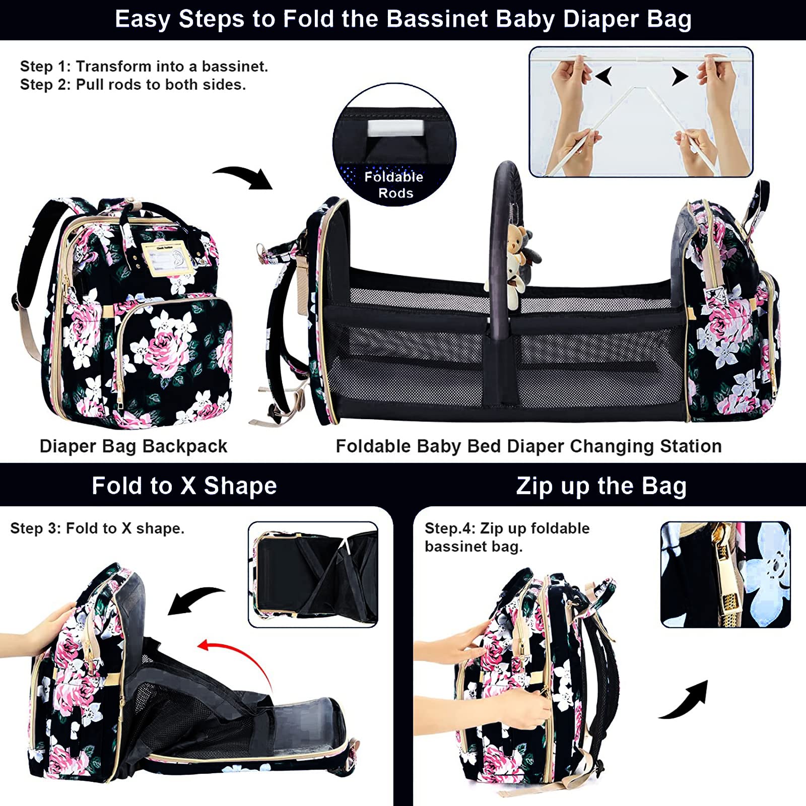 GurZinn diaper bag foldable-rod-assembly shows quick setup for travel days.