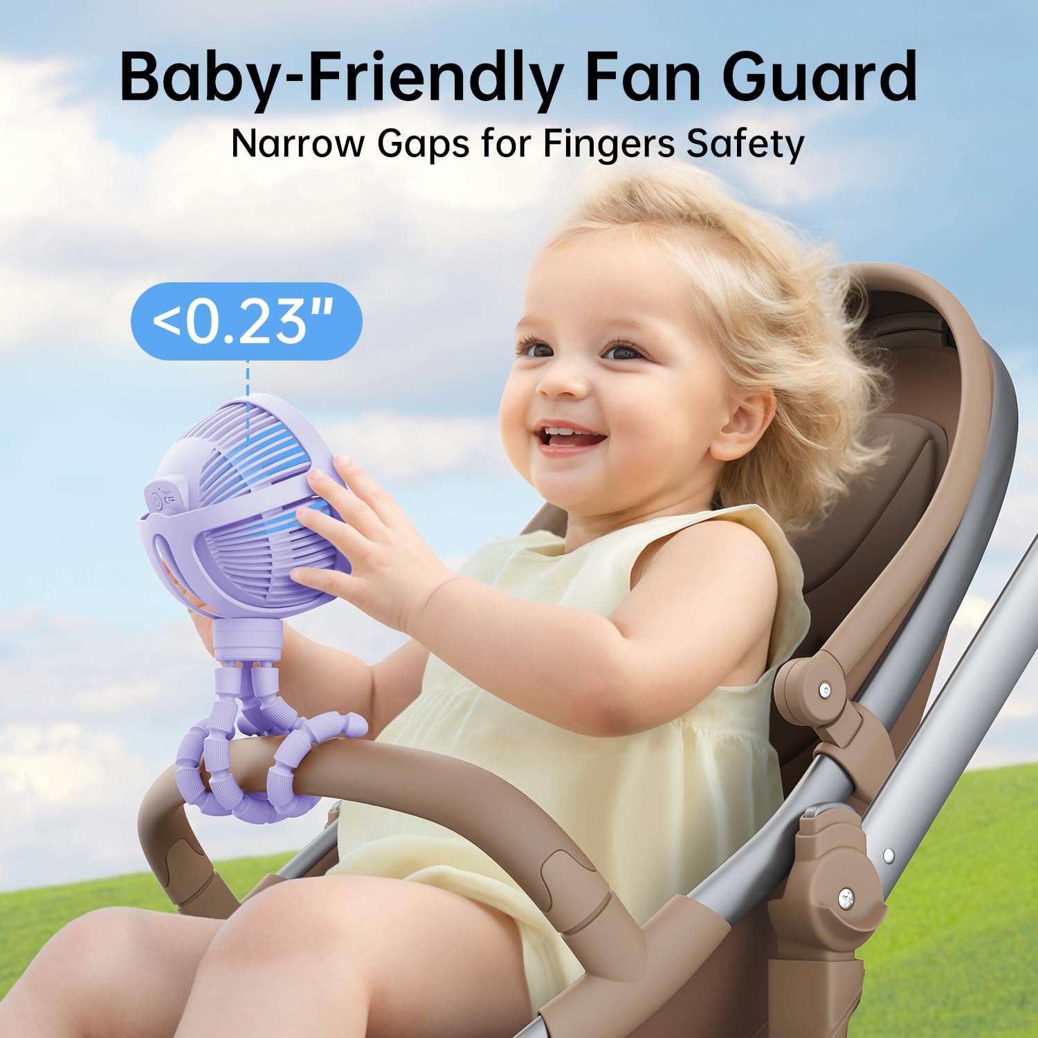GUSGU clip-on fan with flexible tripod enables easy stroller or car mounting.