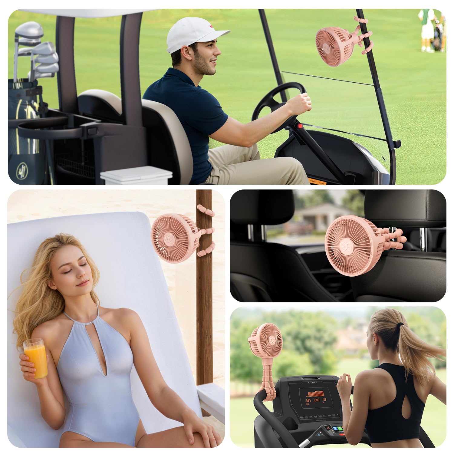 GUSGU stroller fan pink-front-view emphasizes compact, baby-safe design