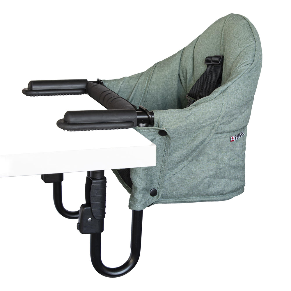 The guzzie+Guss Perch-clip-on-table-chair forest-green table attachment enables travel dining.