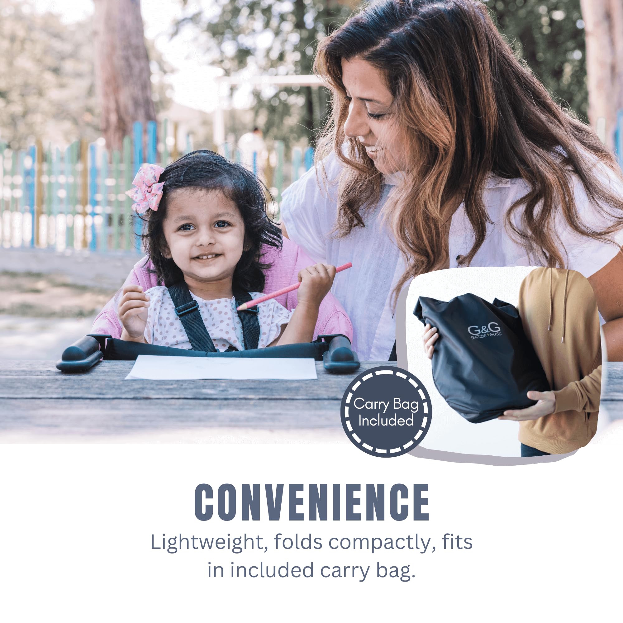 The guzzie+Guss Perch-clip-on-table-chair safety-harness adds peace of mind at mealtime.