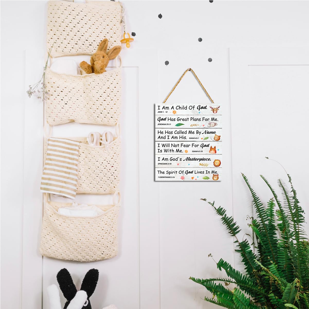 Gwisml I am a Child of God plaque in a nursery reading corner creates cozy spiritual ambience