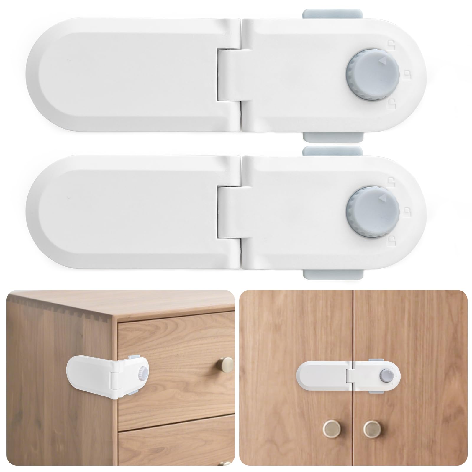 GXXFXT child proof cabinet locks 2-pack front view highlights dual-lock design for toddler safety.
