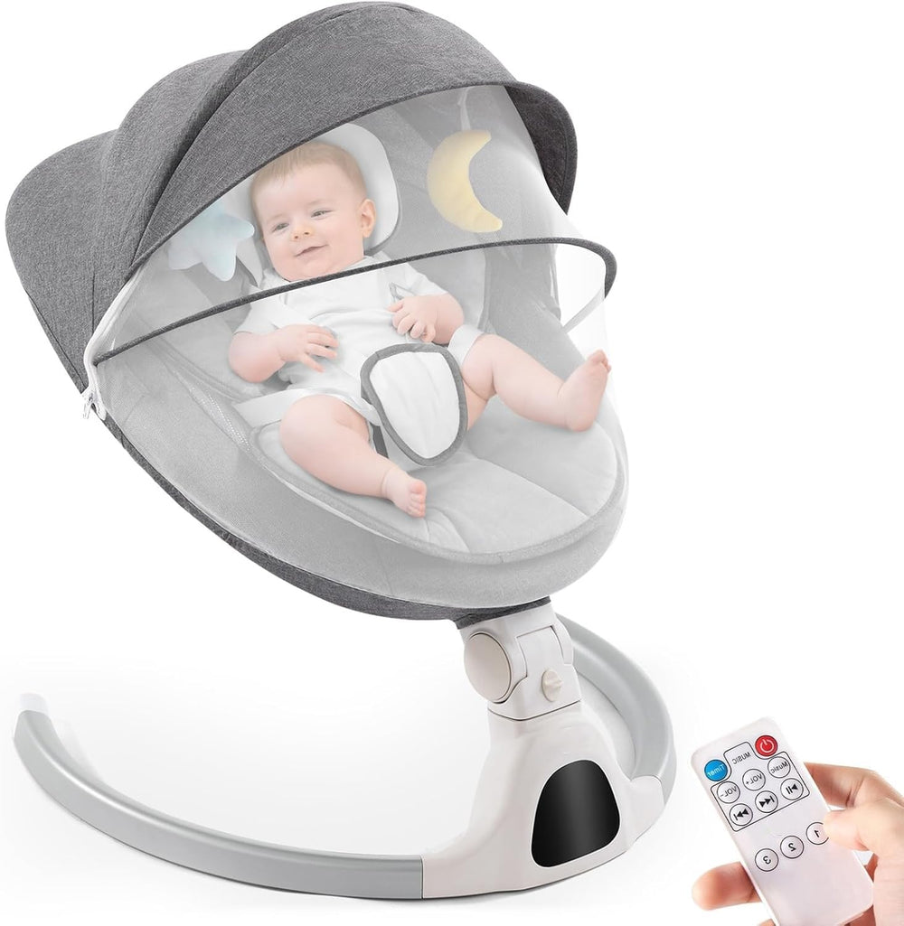 GYARING baby swing grey front view shows compact cradle for soothing newborns