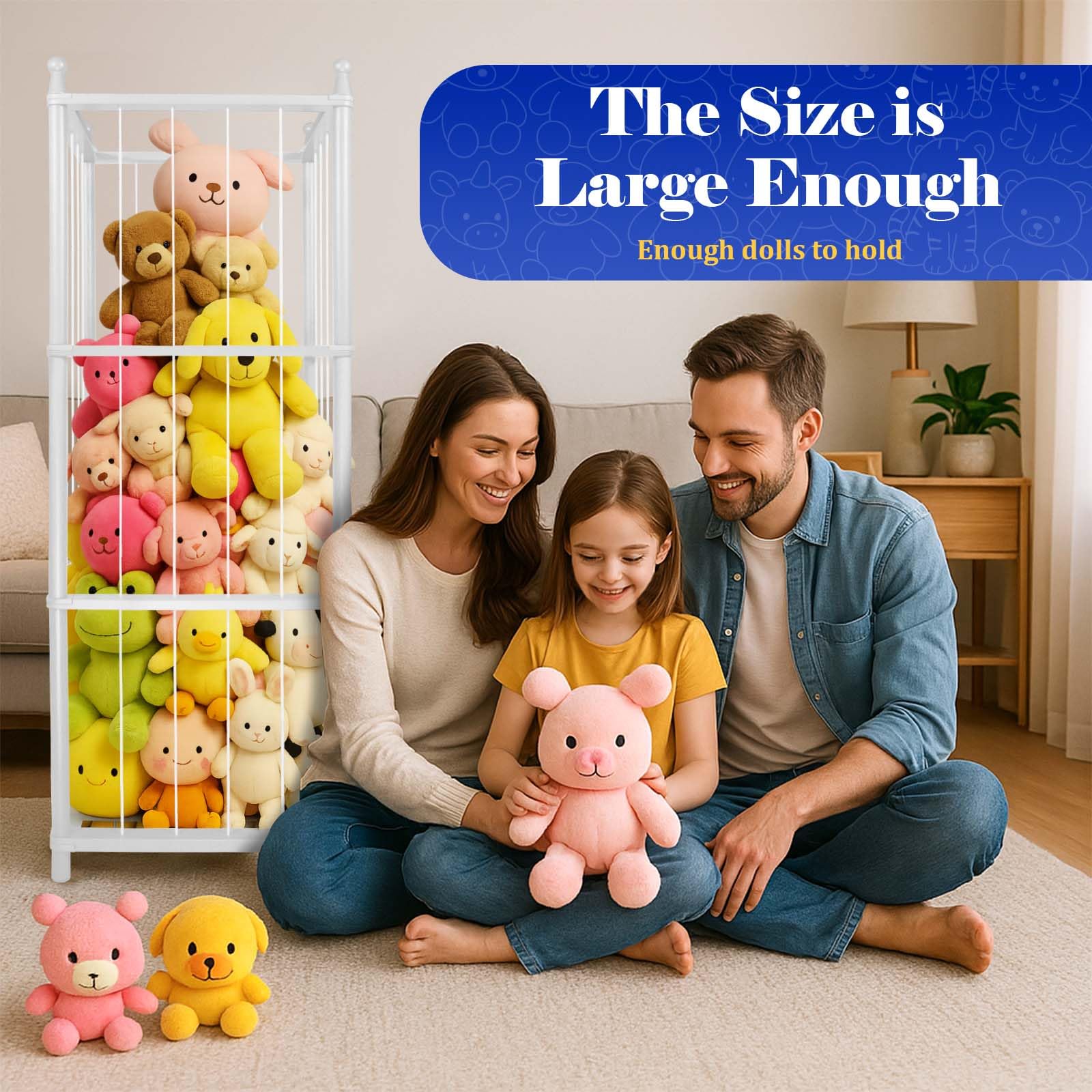 GZQXHOME stuffed animal storage easy-assembly instructions shown in a playroom.