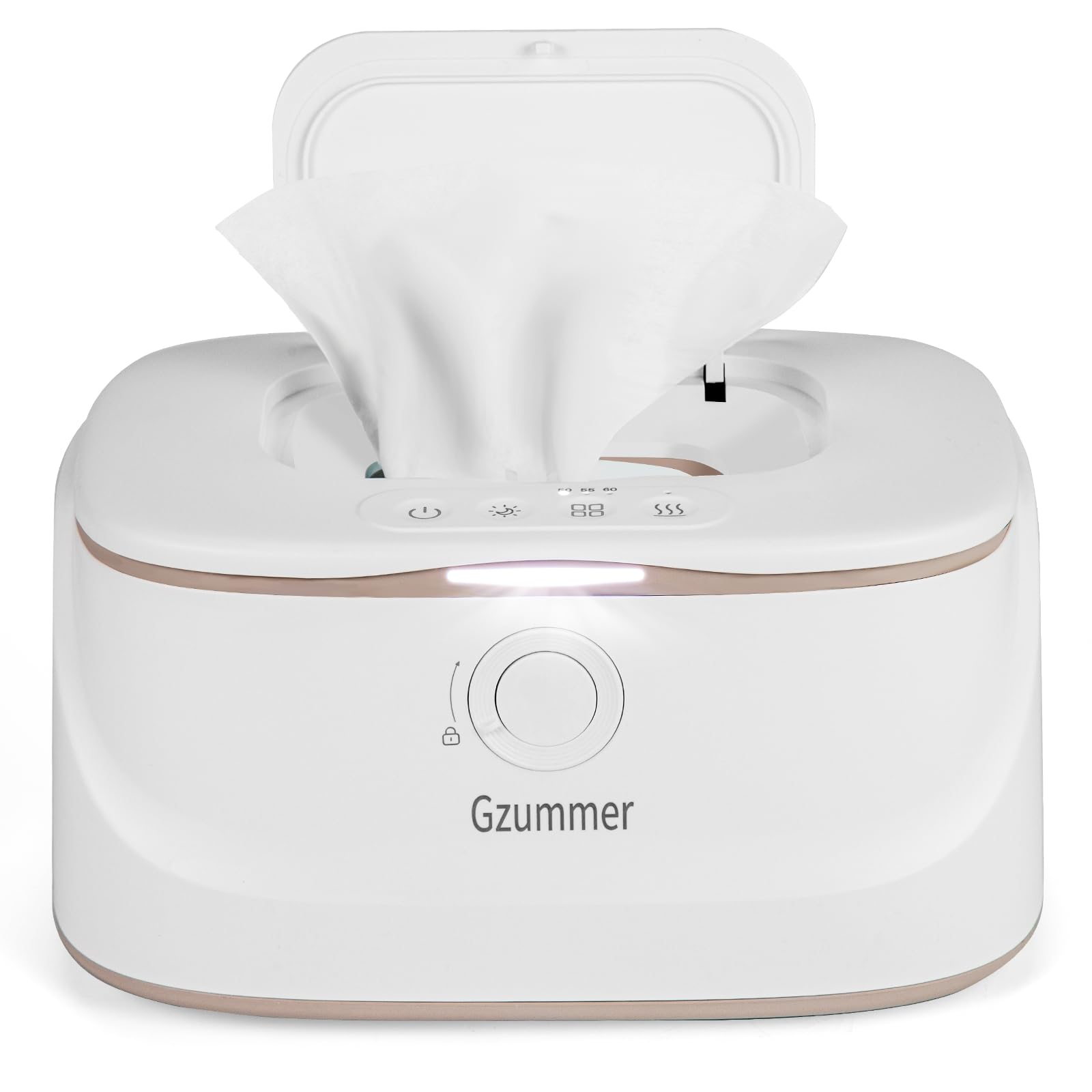 Gzummer baby wipe warmer front view highlights easy one-handed access and warm wipes on demand.