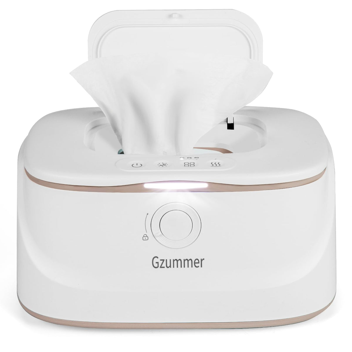 Gzummer baby wipe warmer front view highlights easy one-handed access and warm wipes on demand.