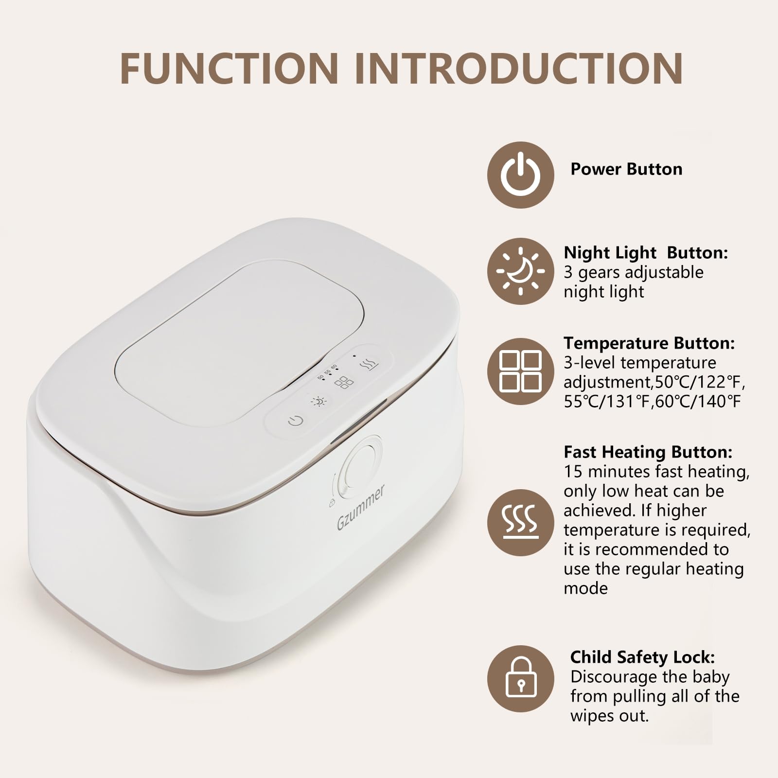 Gzummer baby wipe warmer at night light mode provides gentle illumination for late-night diaper tasks.
