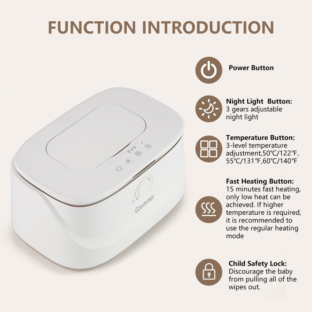 Gzummer baby wipe warmer at night light mode provides gentle illumination for late-night diaper tasks.