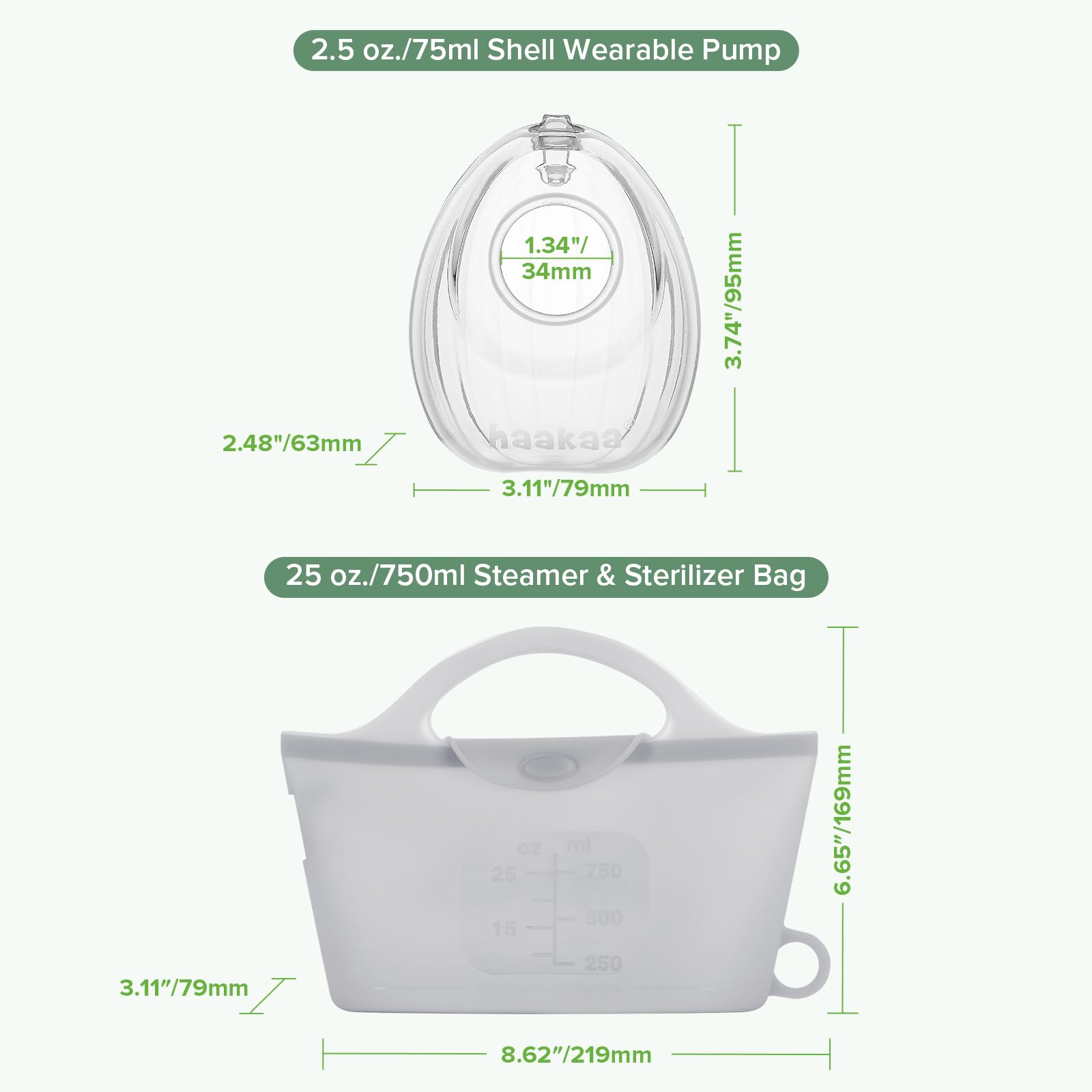 haakaa 2-pack 75ml pumps included for backup milk collection.