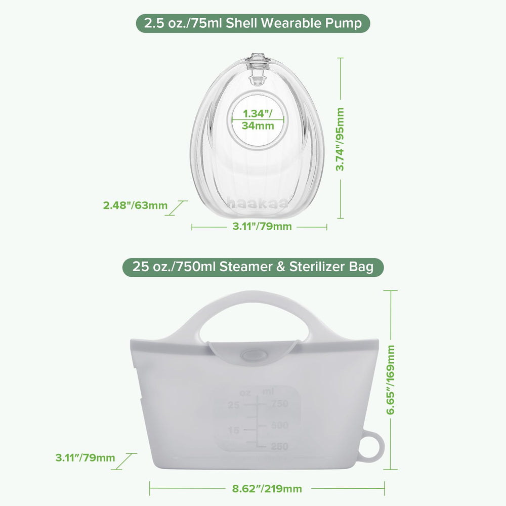 haakaa 2-pack 75ml pumps included for backup milk collection.