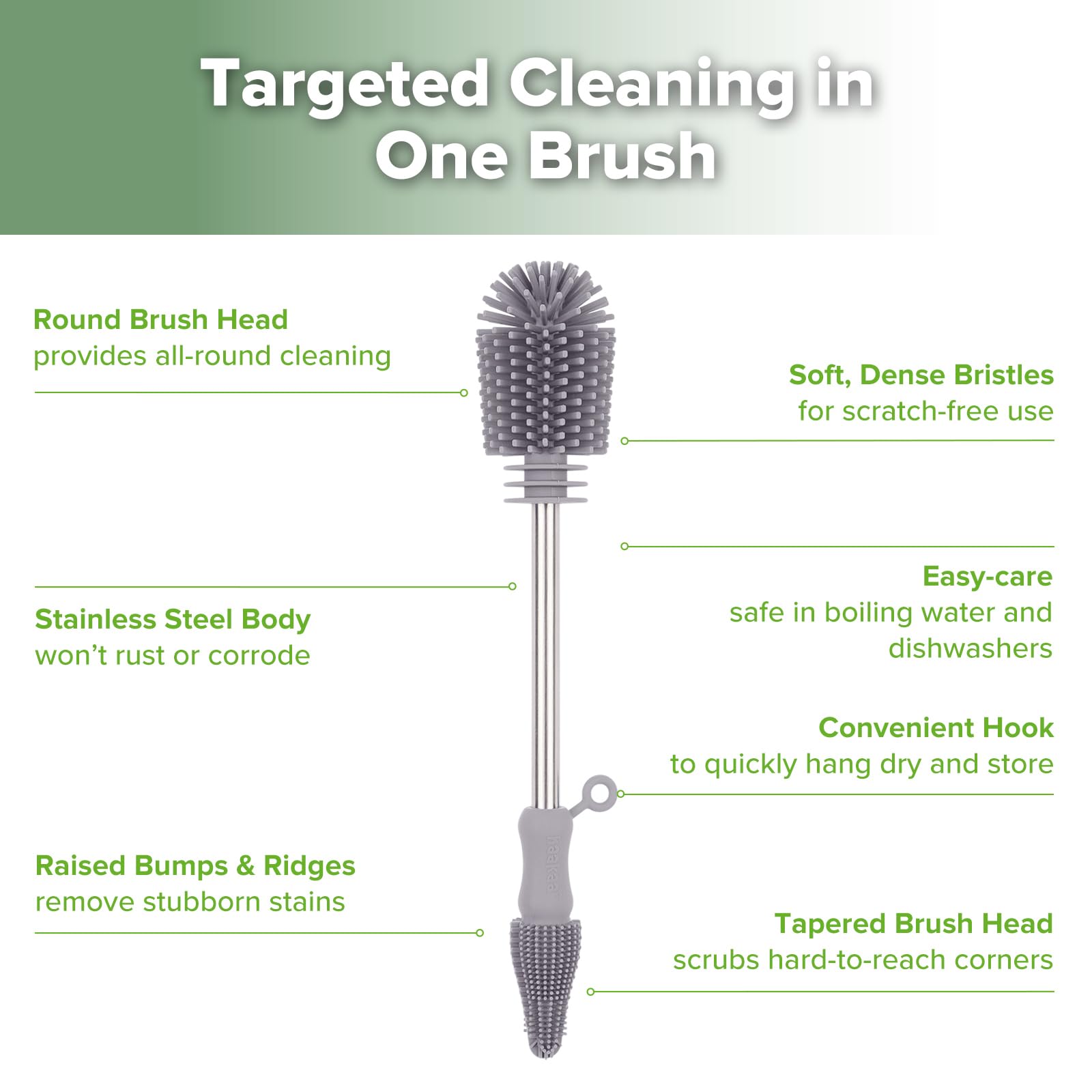 Haakaa 360-degree cleaning covers all container surfaces.