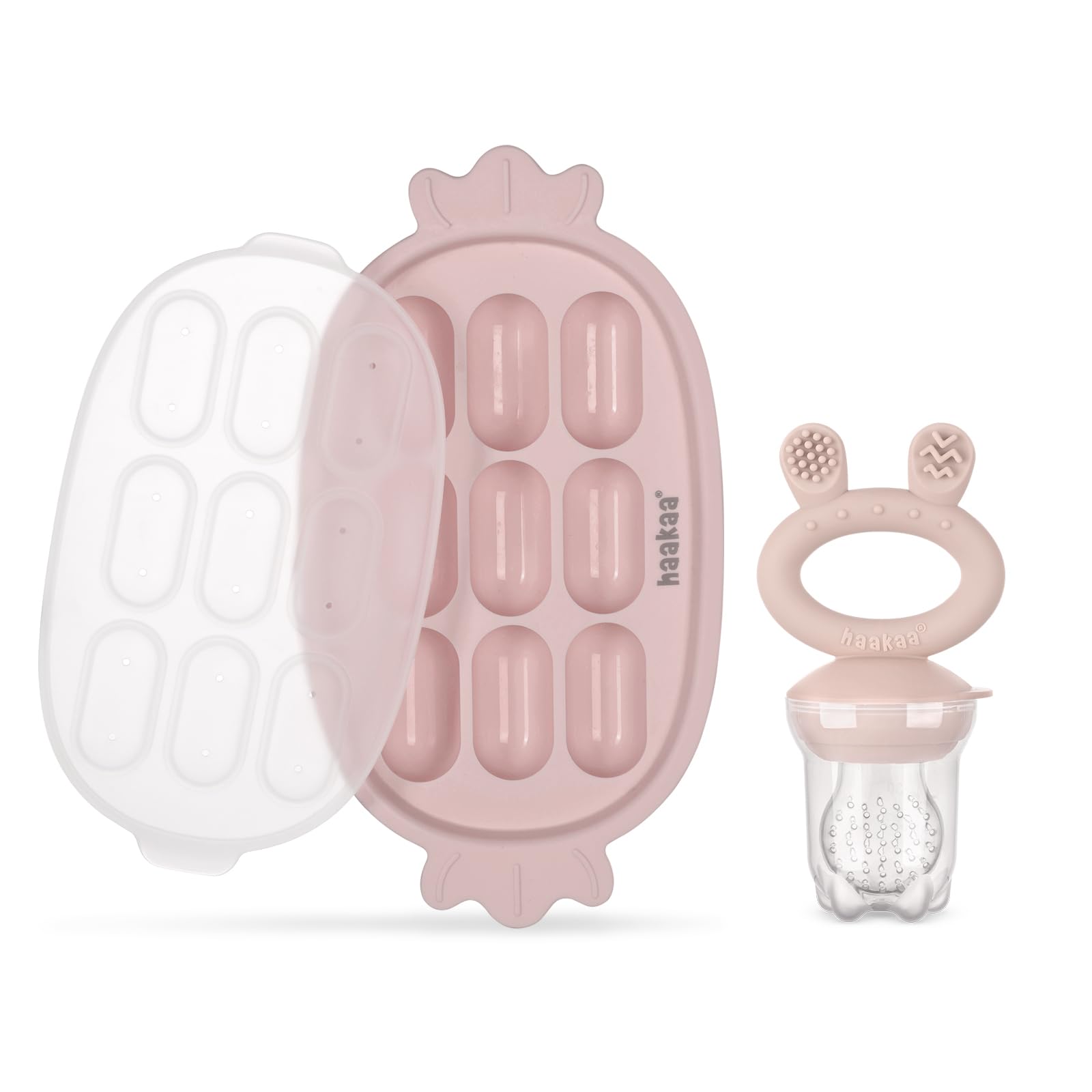 Haakaa baby fruit feeder pouch closeup, showcasing safe, small pieces for gentle feeding.