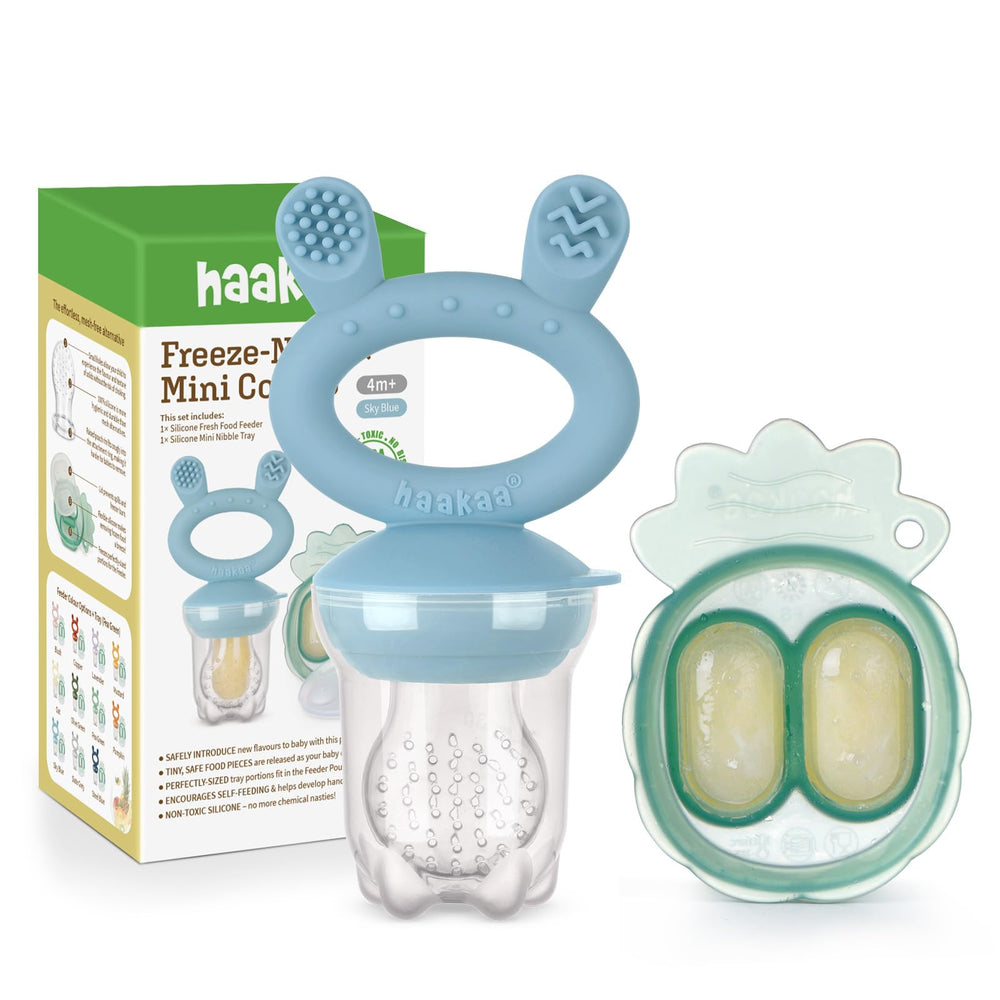 Haakaa baby fruit food feeder in sky blue enables safe self-feeding for solids.