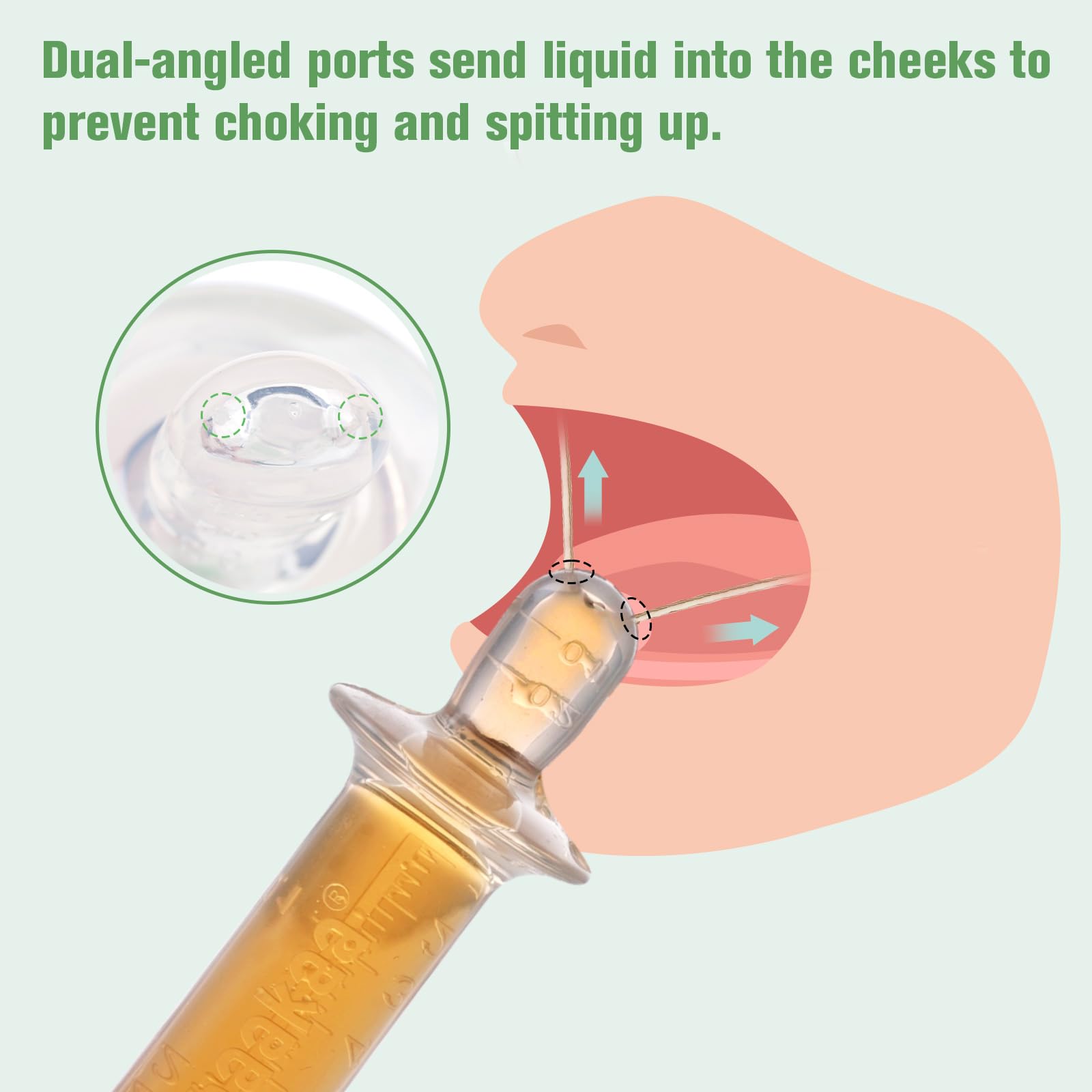 haakaa baby medicine dispenser dual-angled ports guide liquid toward cheeks for smoother feeds.