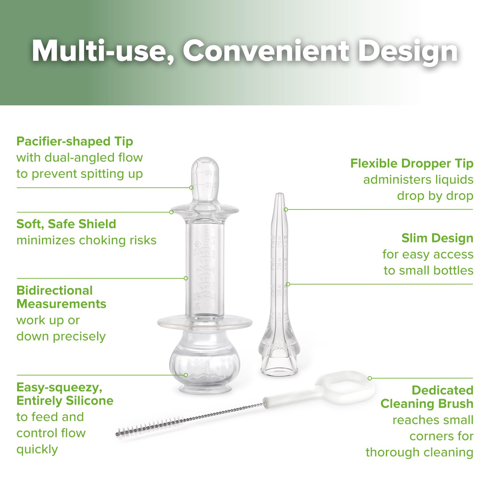 haakaa Baby Medicine Dispenser Set dual-flow nib promotes smooth, controlled dosing.