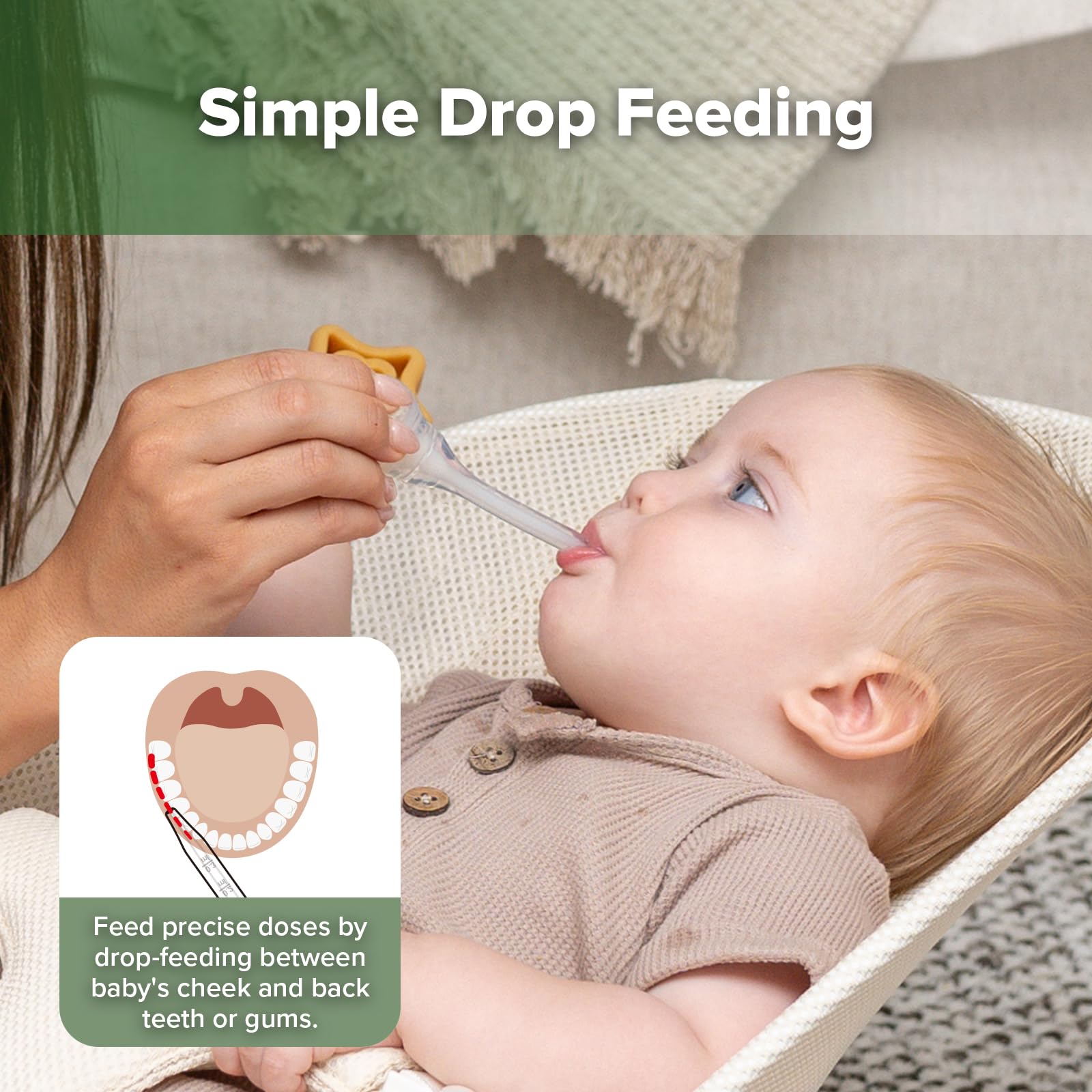 haakaa Baby Medicine Dispenser Set one-handed use enables quick feeding with baby in arms.