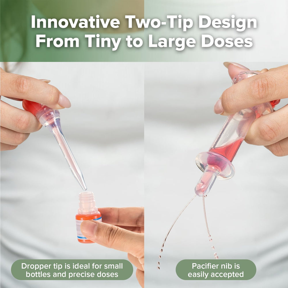 haakaa Baby Medicine Dispenser Set tips highlight dual-flow pacifier nib for comfortable dosing.