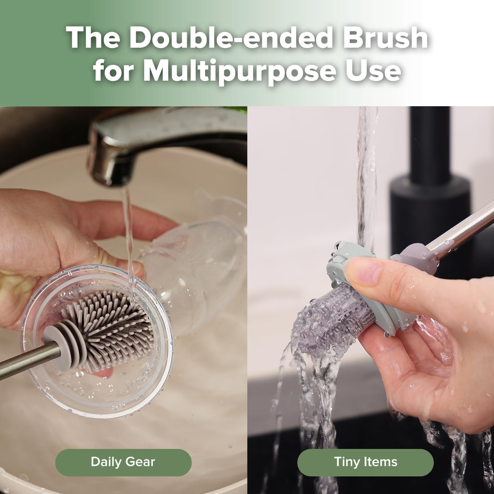 Haakaa bottle brush head cleans baby bottles and milk storage bags effectively.