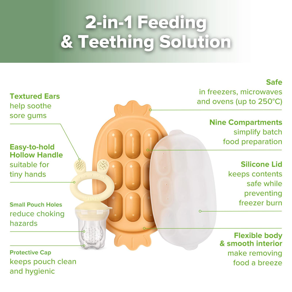 Haakaa bunny-ear texture encourages motor skills during self-feeding play.