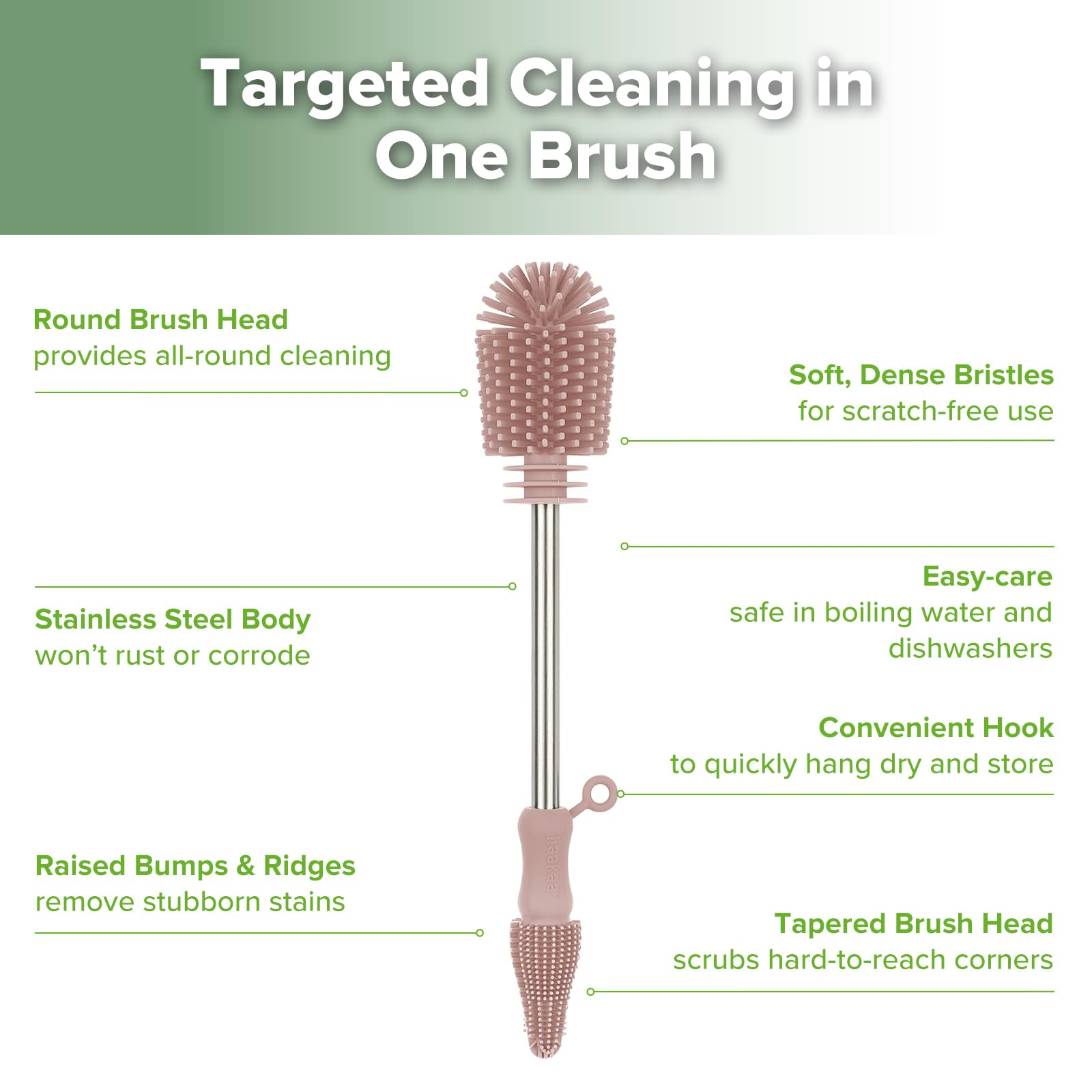 haakaa cleaning brush in use demonstrates 360° cleaning on storage bags.