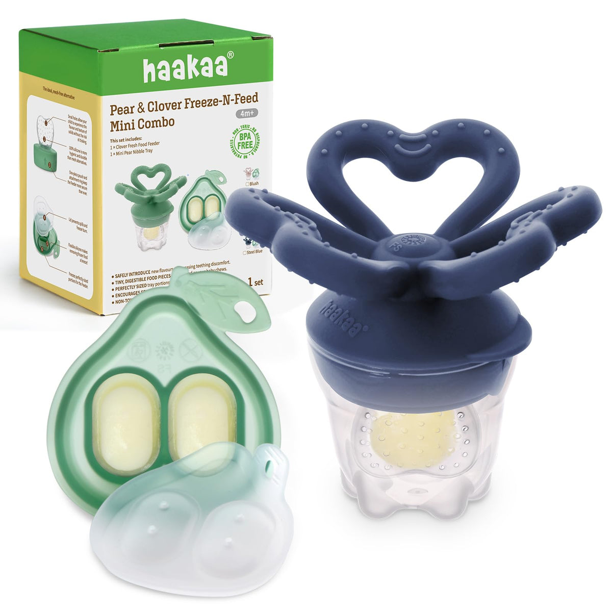 Haakaa Clover baby feeder assembly showcases 2-in-1 feeding and teething benefit.