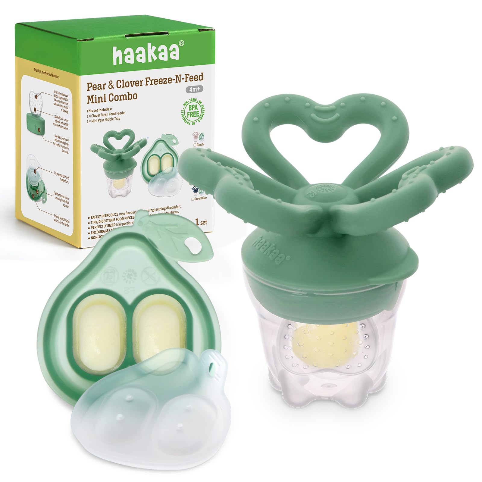 Haakaa Clover baby feeder close-up showing the soft silicone pouch for safe feeding.