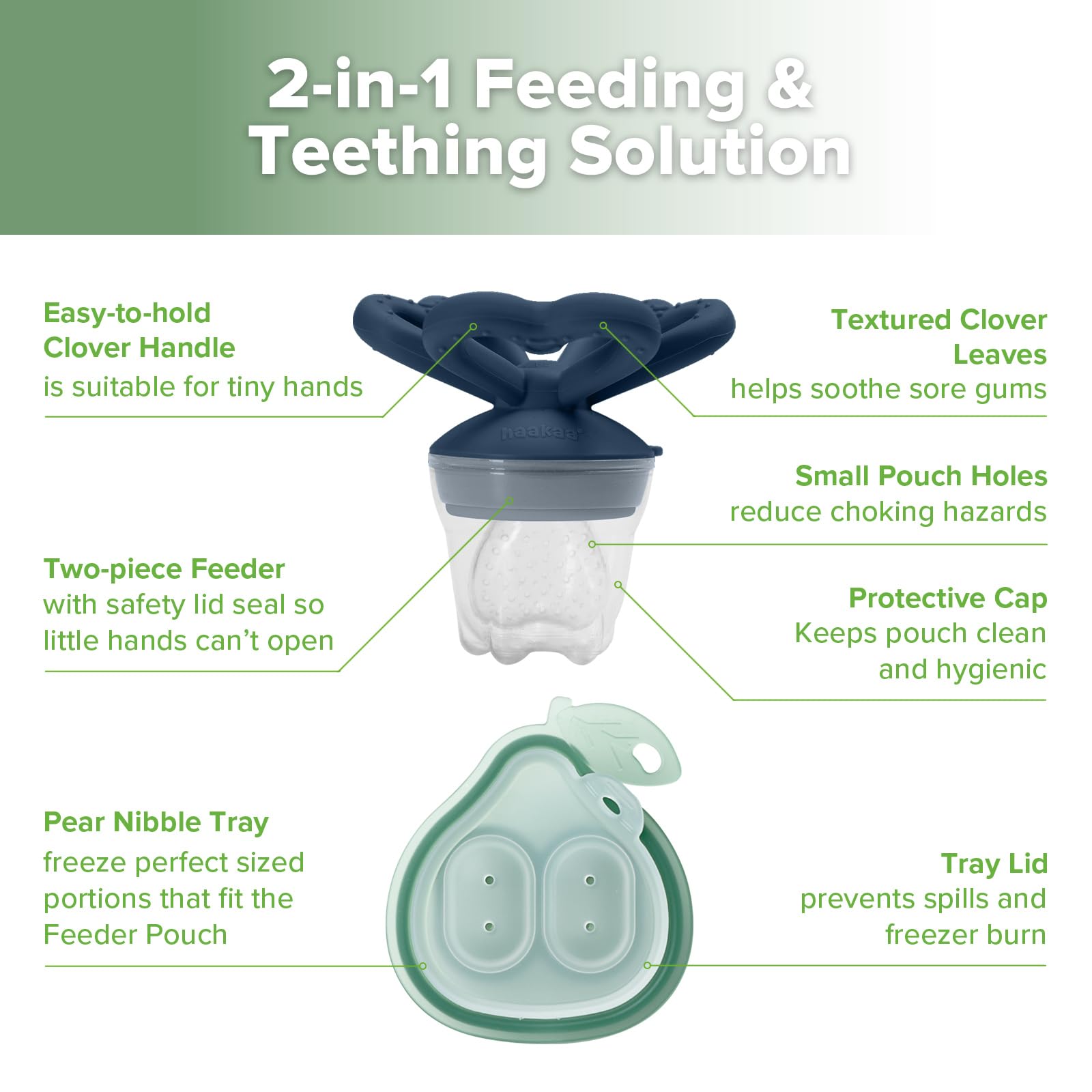 Haakaa Clover feeder pouch closeup showing safe bite-size intake.