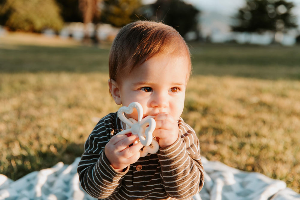 Haakaa Clover Teether copper material, food-grade silicone safe for chewing and sucking.
