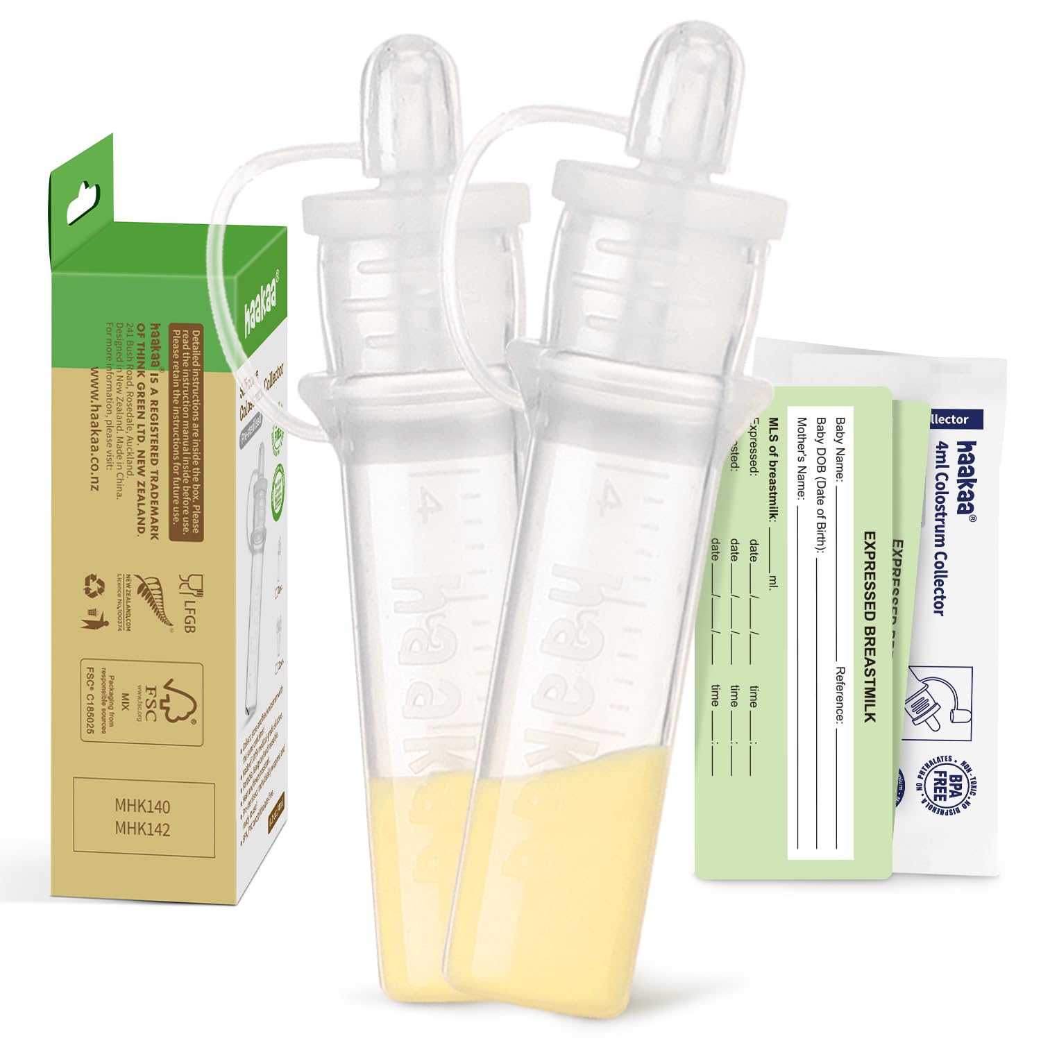 haakaa colostrum collector packaging highlights a safe ready-to-use kit for new moms.