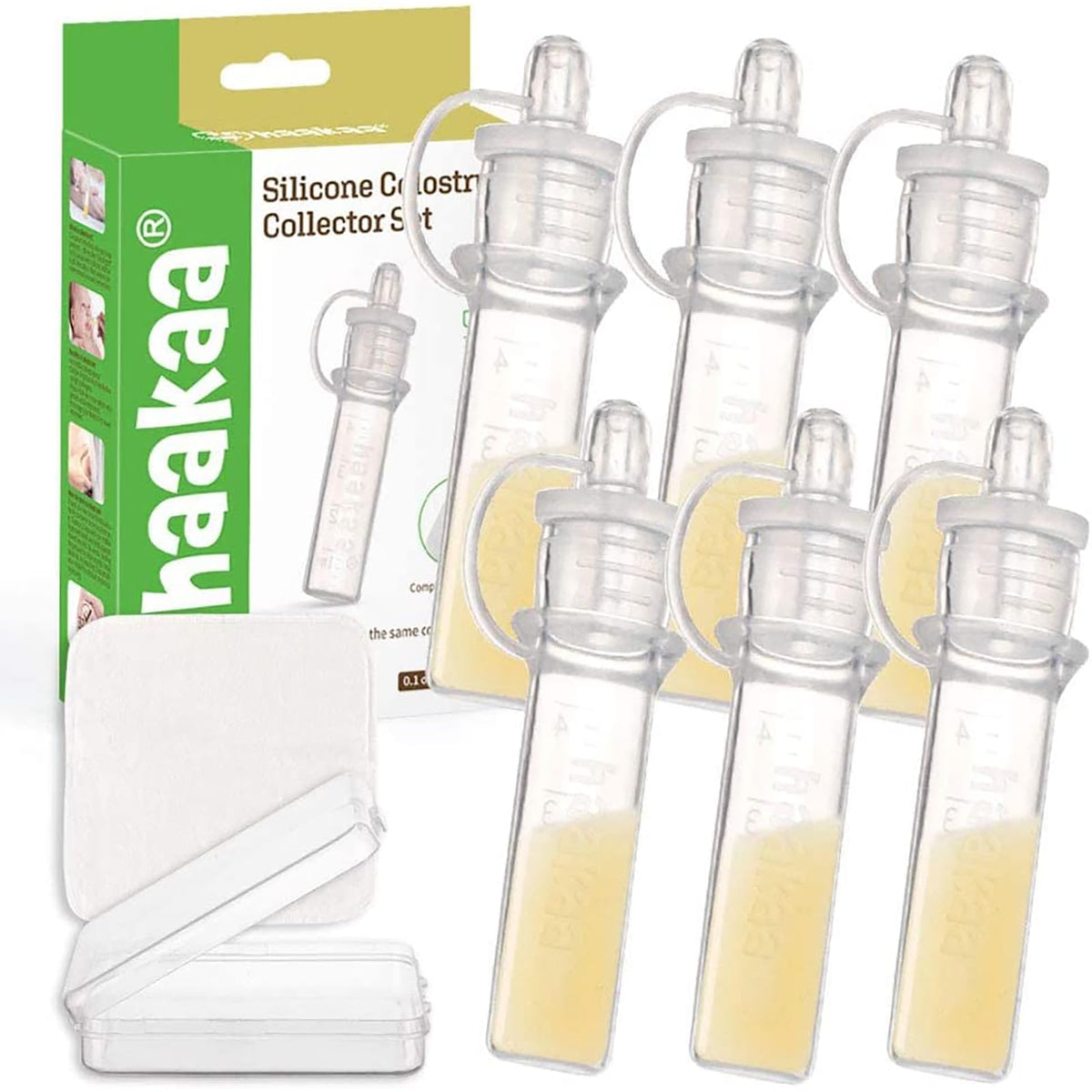 Haakaa colostrum collectors six-pack with storage case for safe, reusable postpartum collection.