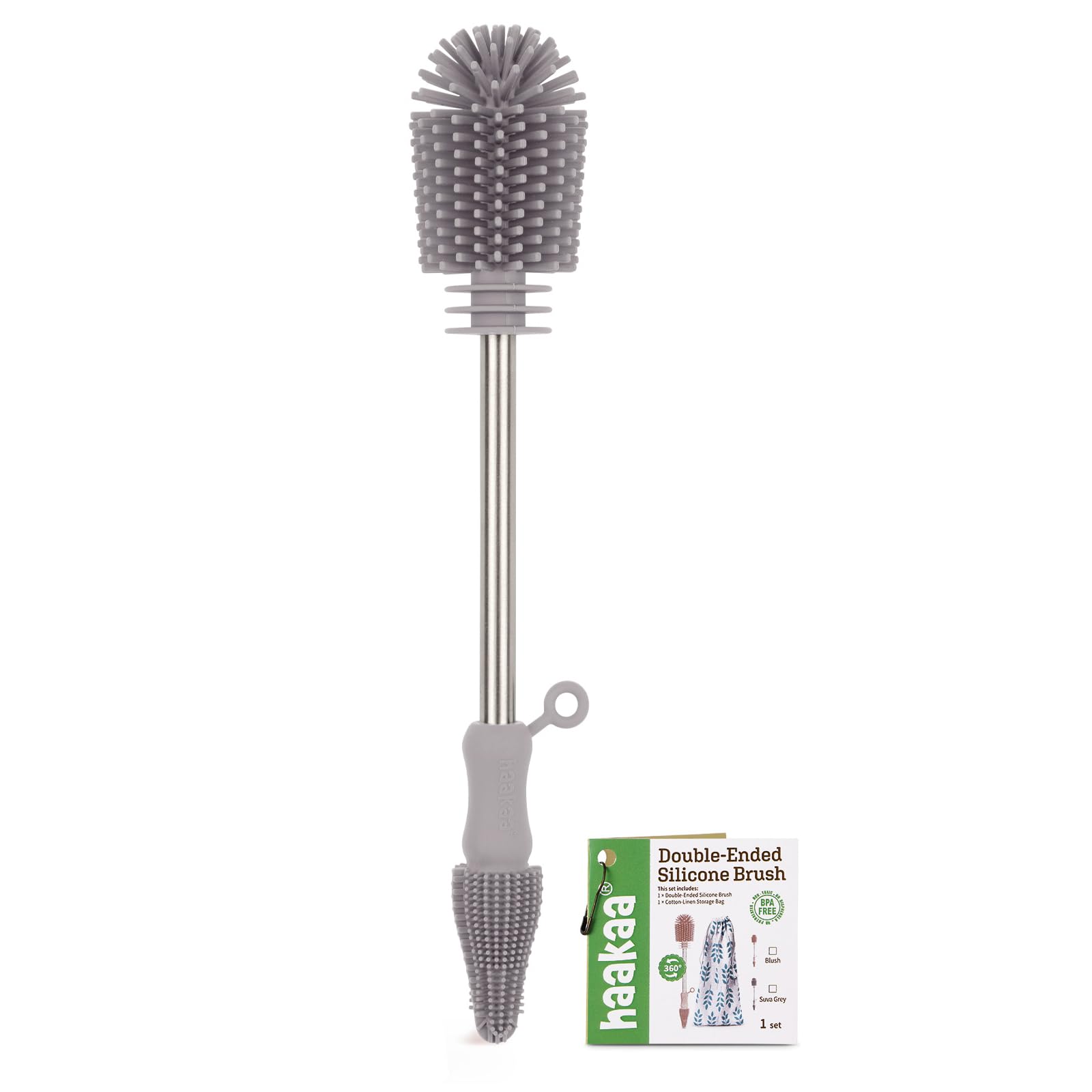 Haakaa double-ended silicone cleaning brush for thorough bottle and pump care.
