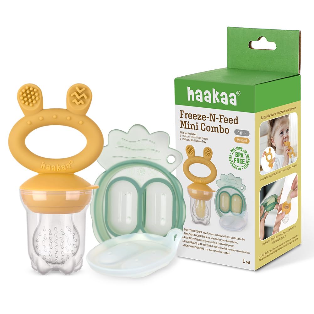 Haakaa Freeze-N-Feed Mini Combo assembled shows feeder and nibble tray for self-feeding and flavor exploration.