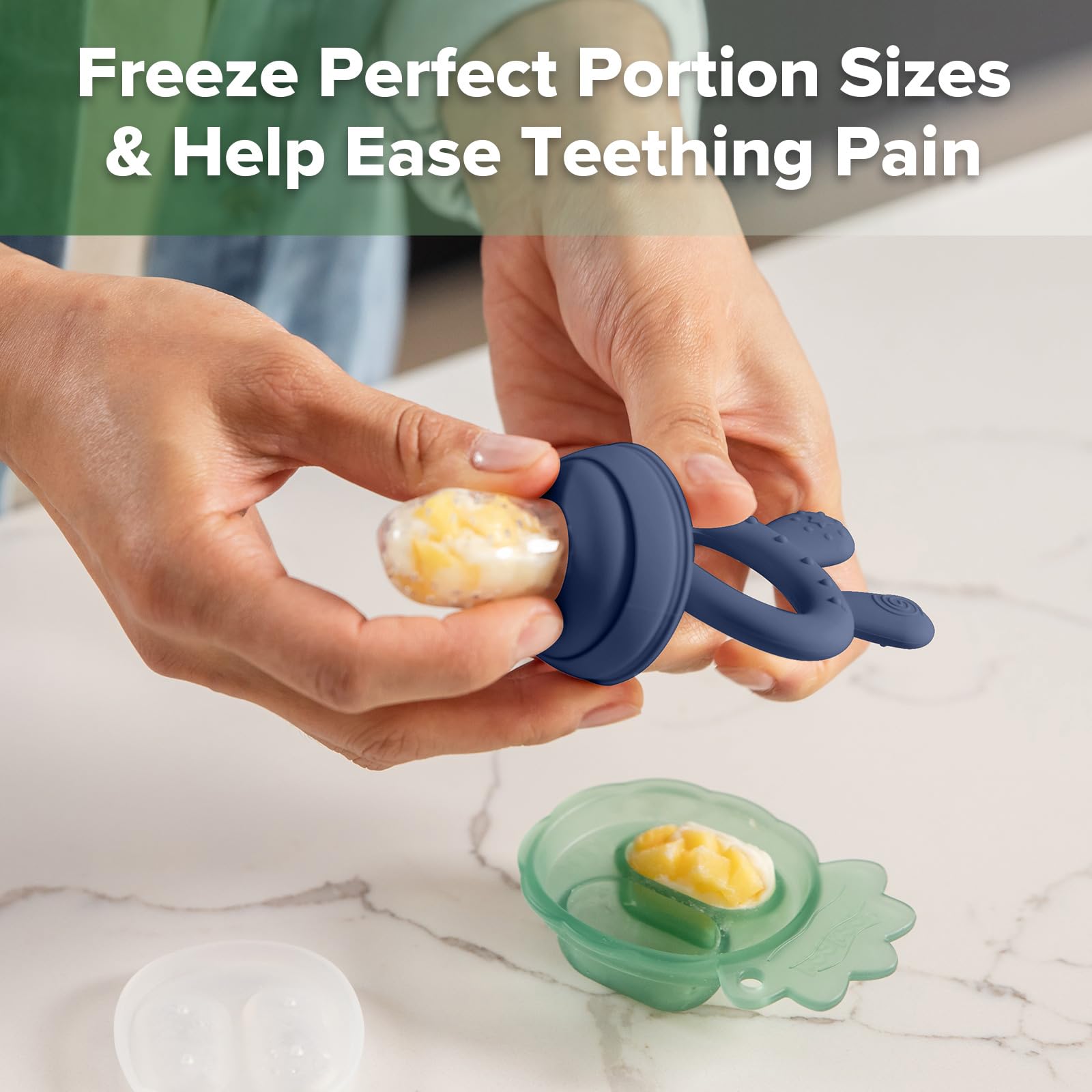 Haakaa fruit feeder easy grip ring close-up supports tiny hands learning self-feeding.