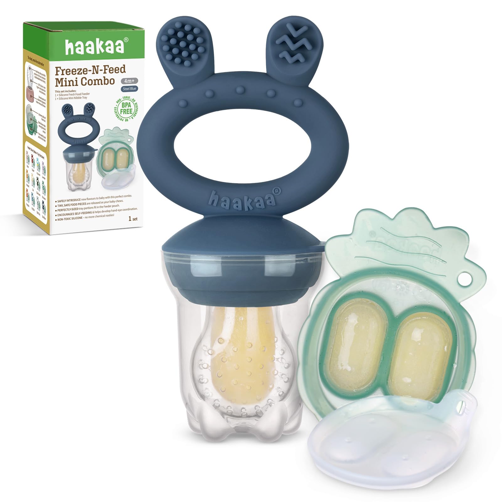 Haakaa fruit food feeder front view shows self-feeding design for independent eating.
