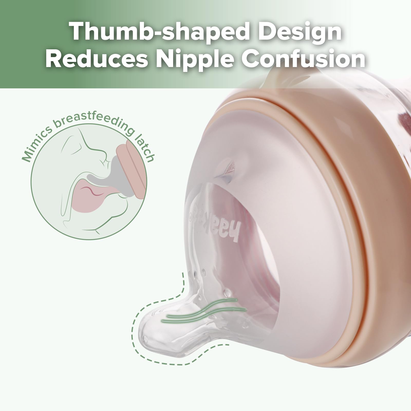 Haakaa Gen.3 bottle with natural nipple shape easing feeding transitions.