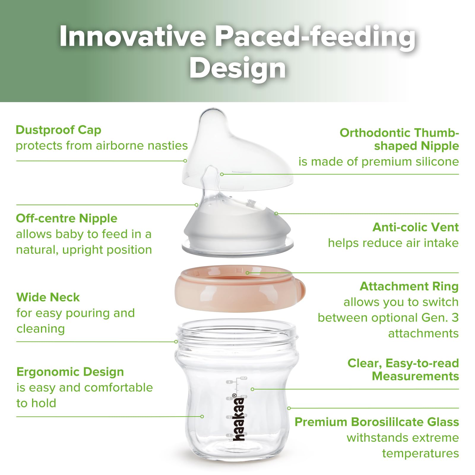 Haakaa Gen.3 wide-neck glass bottle designed for easy cleaning and pouring.