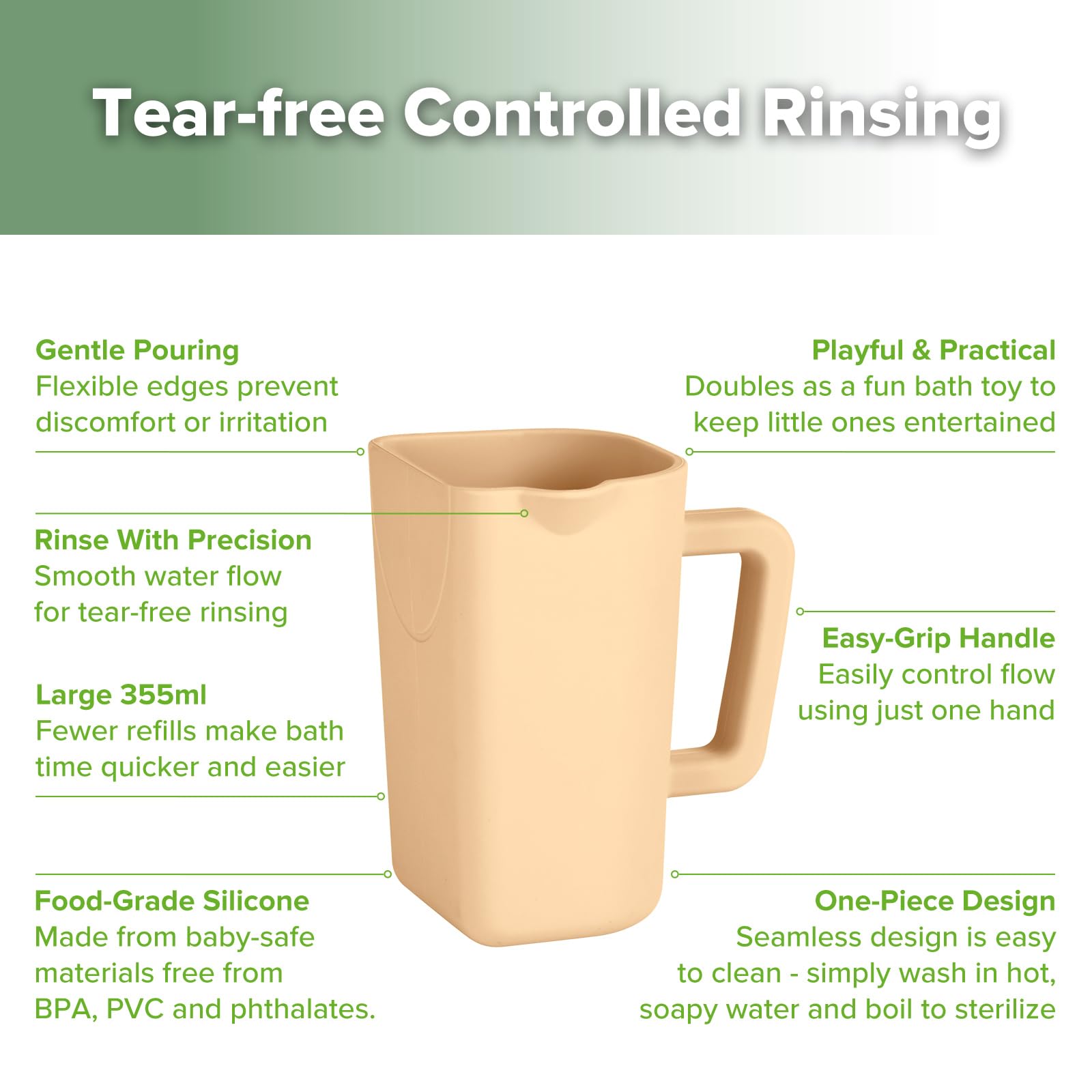 haakaa Gentle Pour Cup showing large 355ml capacity for quicker rinsing.
