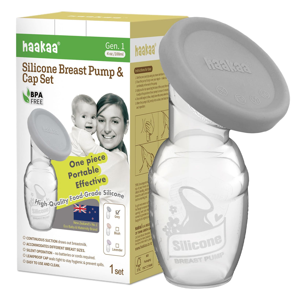 haakaa manual breast pump grey front view shows compact travel-ready design