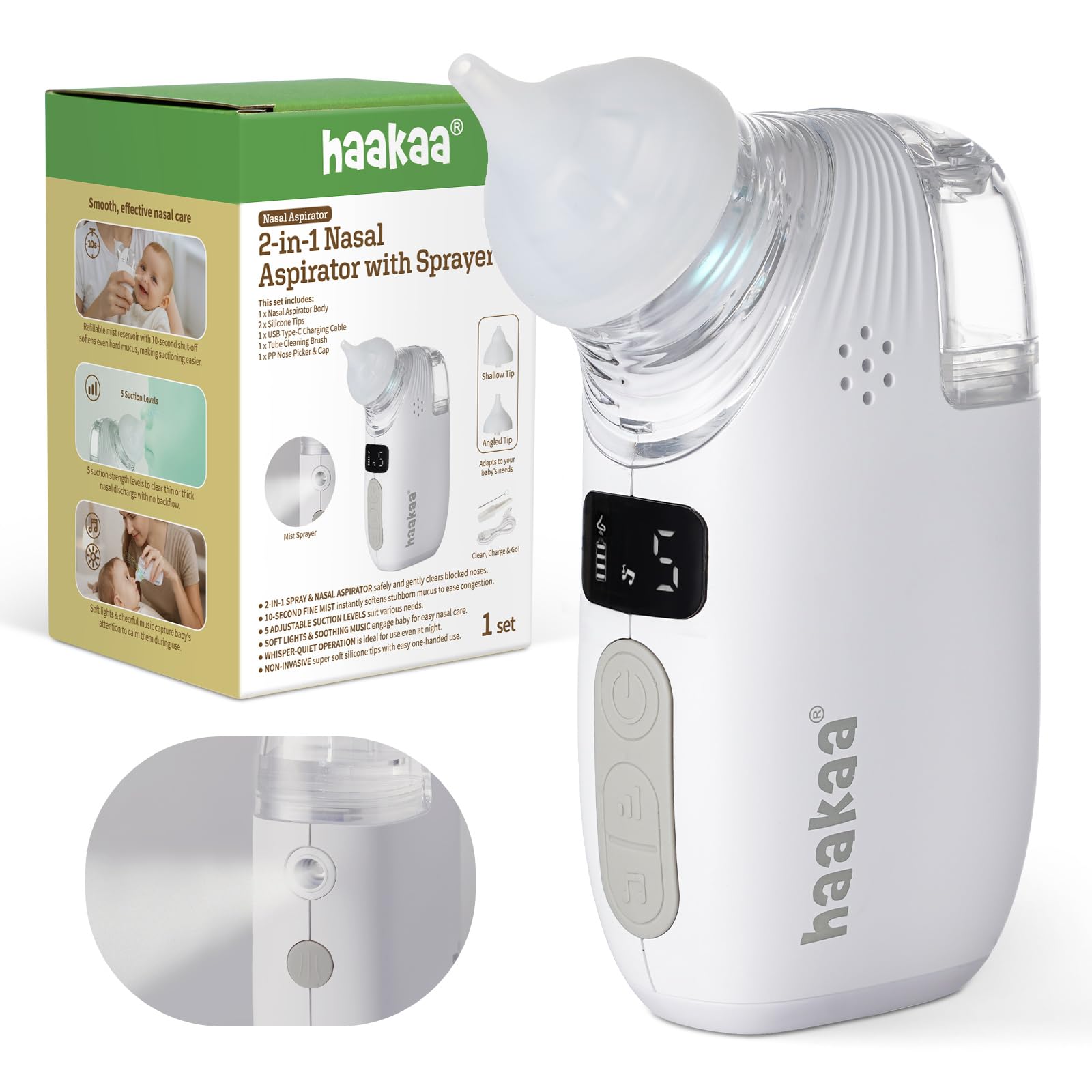 Haakaa nasal aspirator spray-mist softens dried mucus for gentle clearing