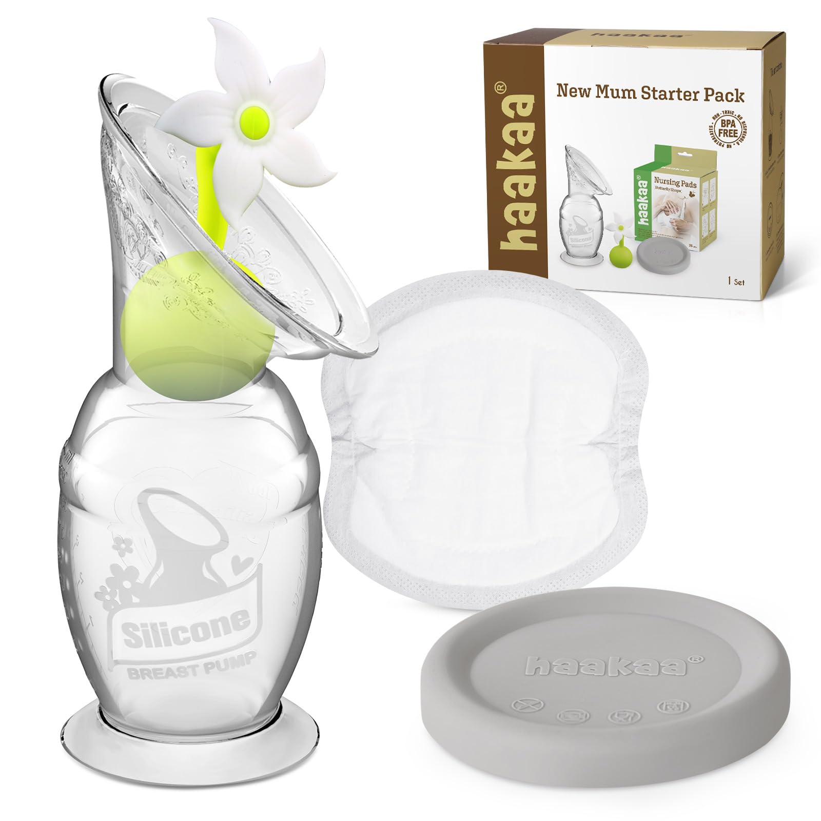 Haakaa new mum starter kit silicone-pump close-up demonstrates hands-free milk expression.