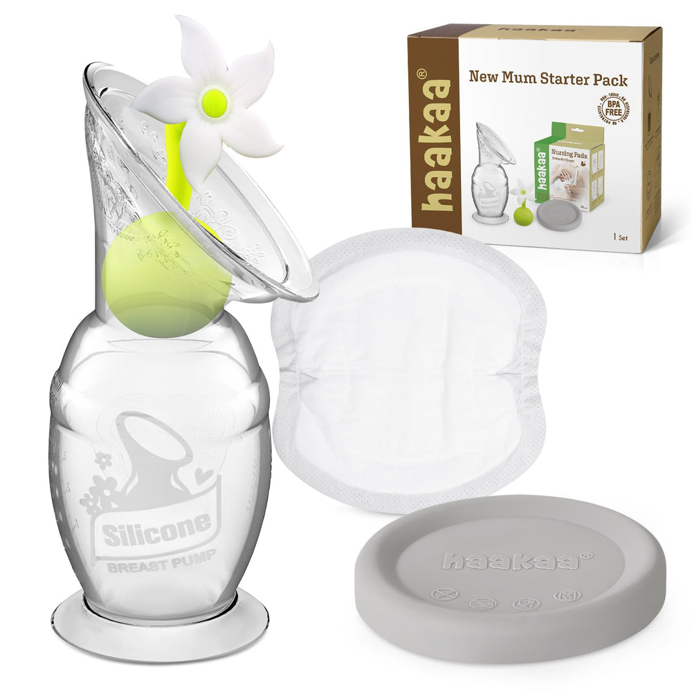 Haakaa new mum starter kit silicone-pump close-up demonstrates hands-free milk expression.